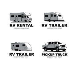 Set of monochrome camper van car logo. Recreational vehicle and camping design elements.