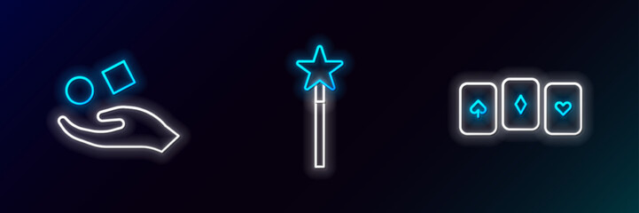 Set line Playing cards, Cube levitating above hand and Magic wand icon. Glowing neon. Vector