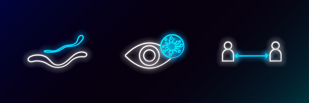 Set Line Safe Distance, Ebola Virus Disease And Reddish Eye Due To Icon. Glowing Neon. Vector