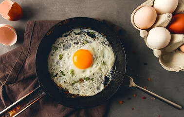 Breakfast, fried egg, in a cast-iron frying pan, top view, horizontal, no people,