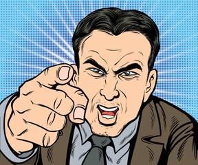 An angry, upset man, he points his hand. hand drawn style vector design illustration.