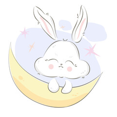 Cute bunny on the moon. Slipping rabbit.