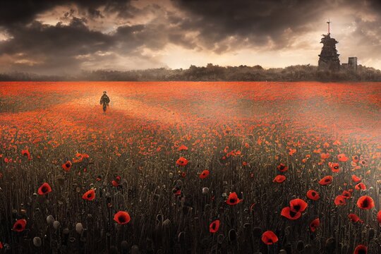Poppy field. Remembrance day concept. Neural network generated art. Digitally generated image. Not based on any actual scene or pattern.