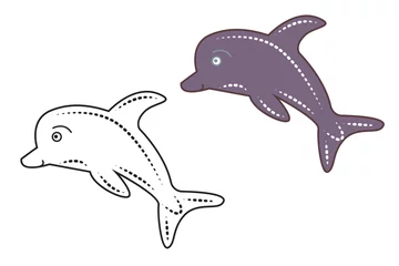Foto op Canvas Set of colored gray dolphin and dolphin outline for coloring. Underwater world! Cute cartoon dolphin. Vector illustration. Drawings for banner, card, postcard © designer_golovkina