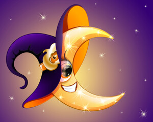 Cartoon shiny Halloween witch moon in the witch hat with pumpkin belt in night sky