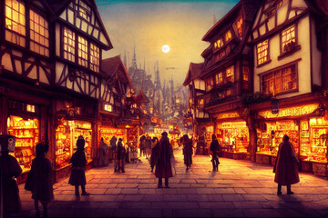 Obraz premium Illustration of a lively medieval village