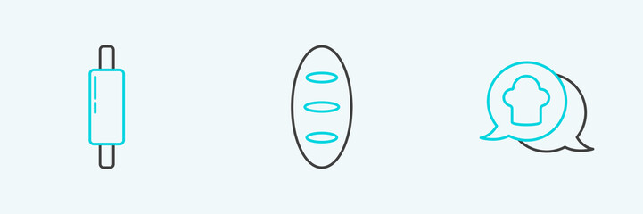 Set line Chef hat in speech bubble, Rolling pin and Bread loaf icon. Vector