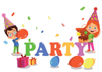 happy kids with birthday party party lettering background