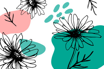 Drawn abstract background with daisies. Turquoise. Black. Pink. Flowers on an abstract background. Sketch. Web. stories. Cosmetics.