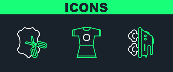 Set line Electric iron, Scissors and leather and Woman dress icon. Vector