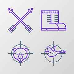 Set line Hunt on duck with crosshairs, bear, Hunter boots and Crossed arrows icon. Vector