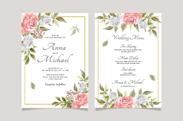 Set of card with flower rose and leaves. Wedding ornament concept. Floral poster invitation. Vector decorative greeting card or invitation design background