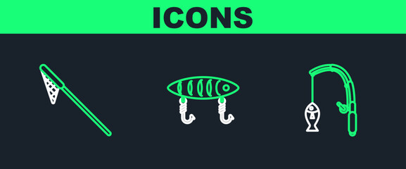 Set line Fishing rod and fish, net and lure icon. Vector