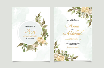 Naklejka na ściany i meble Set of card with green flower rose and leaves. Wedding ornament concept. Floral poster invitation. Vector decorative greeting card or invitation design background