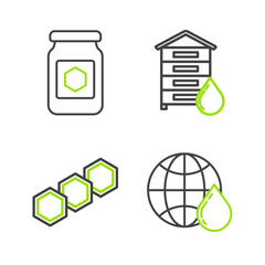 Set line Honeycomb map of the world, Hive for bees and Jar honey icon. Vector