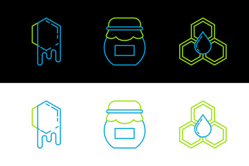 Set line Honeycomb, and Jar of honey icon. Vector
