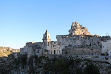 Sunset over Santa Maria di Idris and San Pietro Caveoso in Matera, Italy