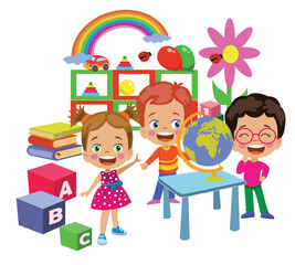 Obraz premium Cute Kids Studying World Map İn Classroom At School