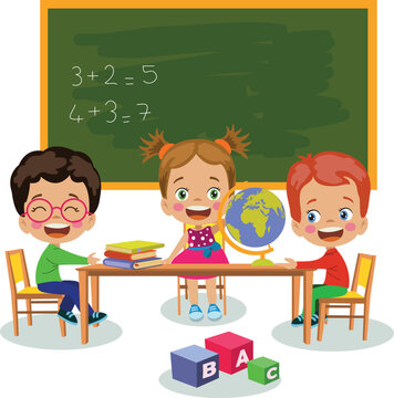 cute kids studying world map studying in classroom at school