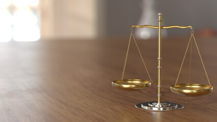 Scales of Justice. Golden balance scale on a wooden table. Sign of justice, lawyer. 3d rendering