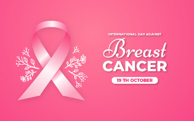 Breast cancer awareness month greeting support card with realistic pink ribbon. Design template for advertising, web, and social media.