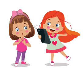 cute girls are playing with the phone