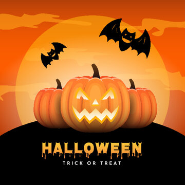 Halloween greeting cards, poster, or party invitations with calligraphy, halloween elements pumpkins, bats in night clouds. Design template for advertising, web, and social media.