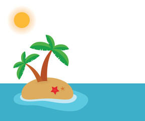 Small tropical island with palms, transparent sky, summer sun, cartoon travel design