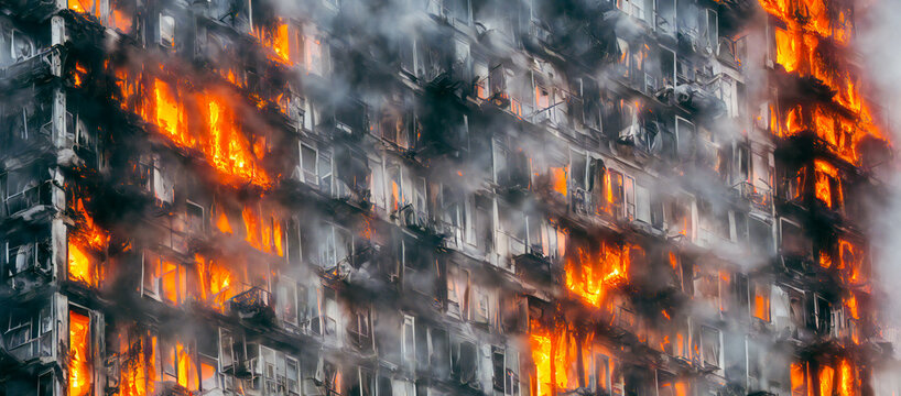 A burning apartment building, house on fire and smoke disaster, 3d render