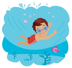 cute boy floating under the submarine