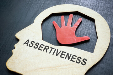 Head shape with sign assertiveness and hand palm. - obrazy, fototapety, plakaty
