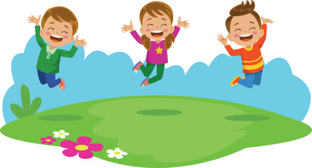 jumping children flying happily in the countryside