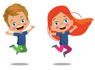 cute happy boy and girl jumping