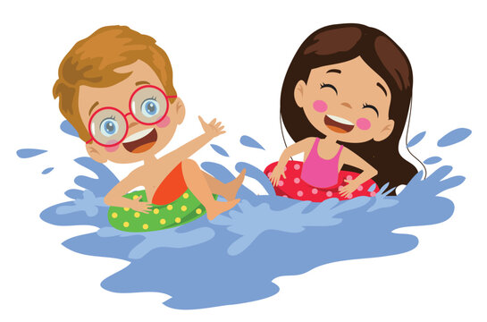 kids swimming in water with inflatable rings clip art preview