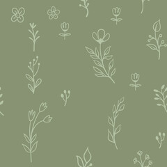 Vector leaves seamless pattern. Random plants texture background. Sketched doodles.