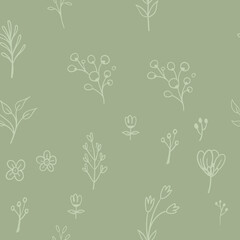 Vector leaves seamless pattern. Random plants texture background. Sketched doodles.