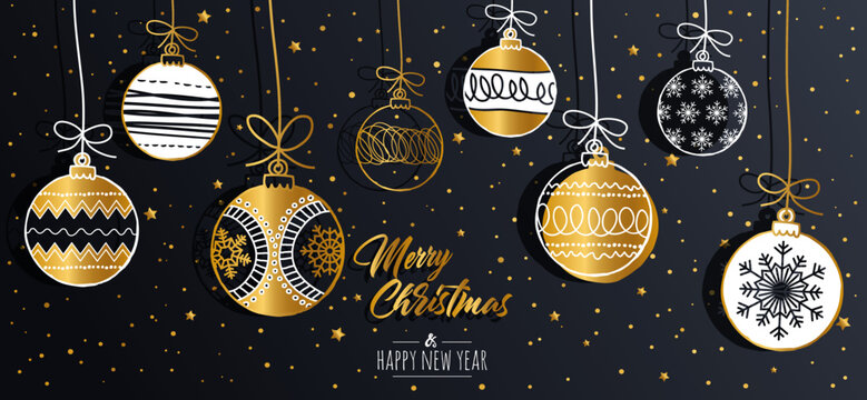 Merry Christmas greeting card set with golden text elements and modern hand drawn baubles. Vector illustration.
