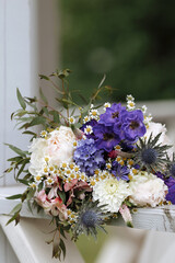 Wedding bouquet on wooden texture