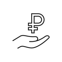 Ruble currency sign on hand line icon isolated on white background. Vector illustration