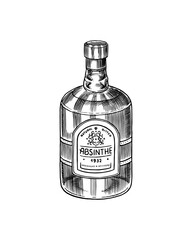 Bottle of Absinthe. Label for retro poster or banner. Engraved hand drawn vintage sketch. Woodcut style. Vector illustration.