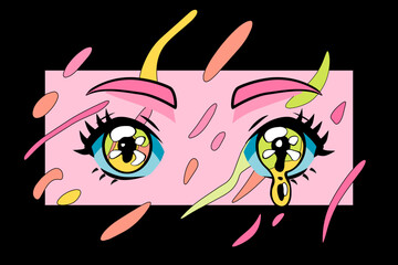 Melting and sparkling anime eyes. City pop and vaporwave aesthetics illustration.