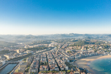Aerial perspective of Donostia - San Sebastian city. Panoramic view of the city. At left the river Urumea and at the right old city of San Sebastian and La Concha Bay. 