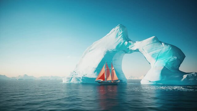 Sailboat travel in antarctica. Arctic icebergs on arctic ocean. Red sailboat and melting iceberg. 3d animation