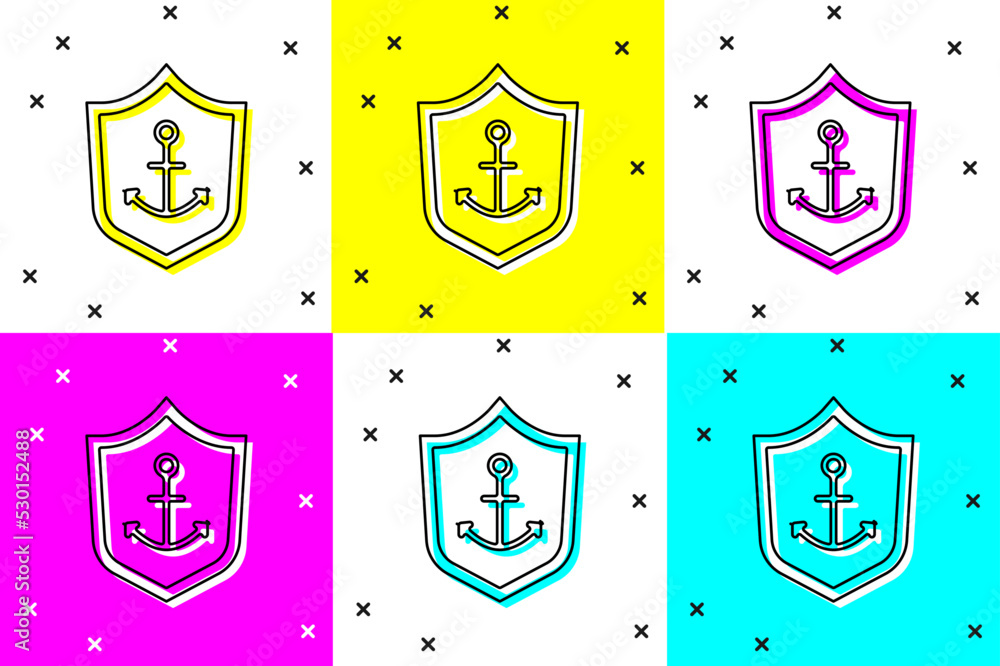 Poster set anchor inside shield icon isolated on color background. vector
