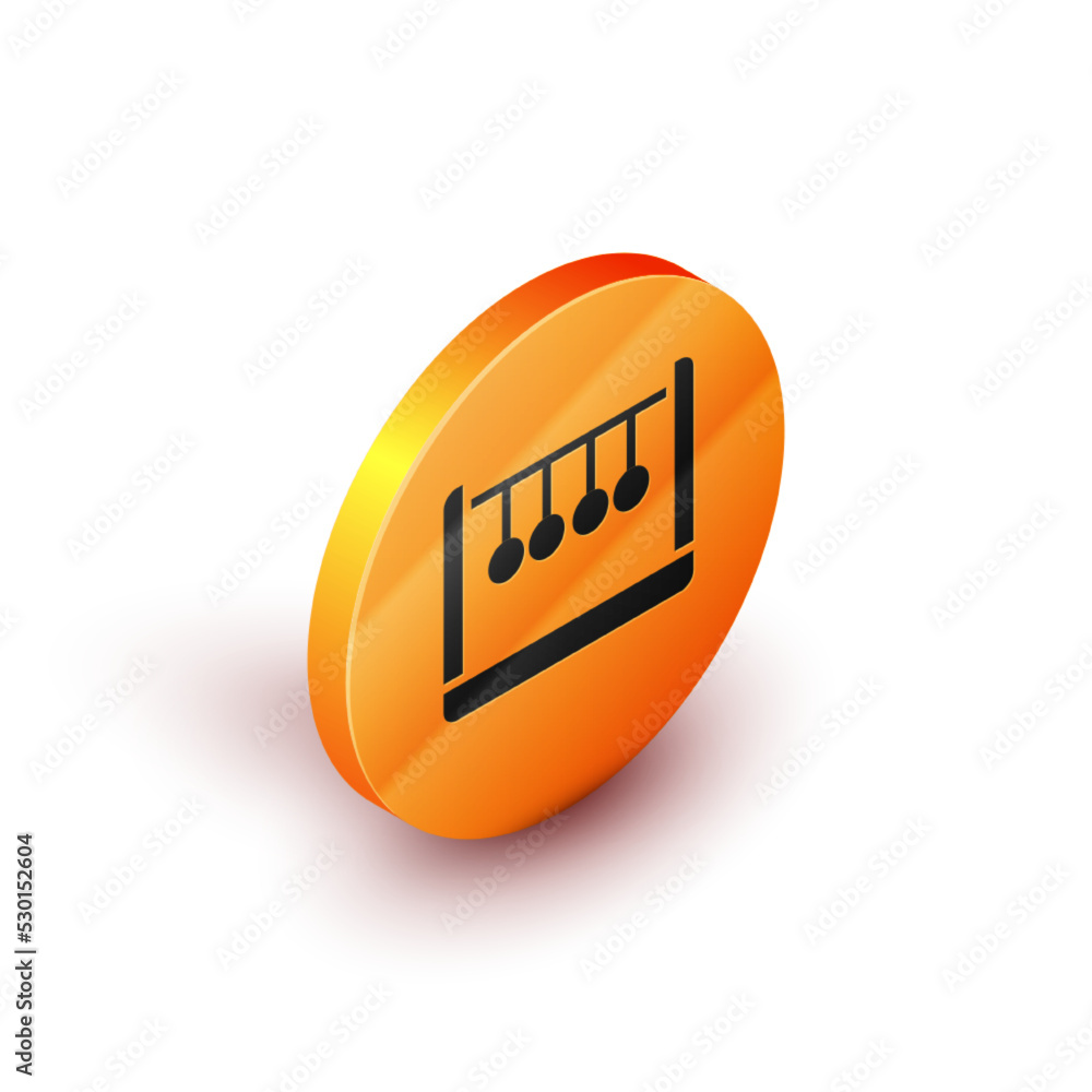 Poster isometric pendulum icon isolated on white background. newtons cradle. orange circle button. vector