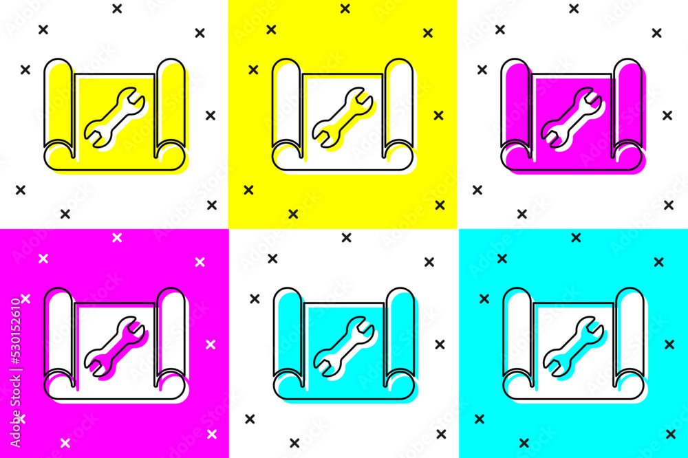 Aufkleber set graphing paper for engineering and wrench icon isolated on color background. vector