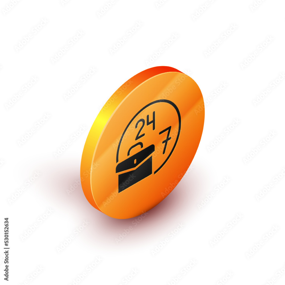 Poster isometric always busy icon isolated on white background. orange circle button. vector
