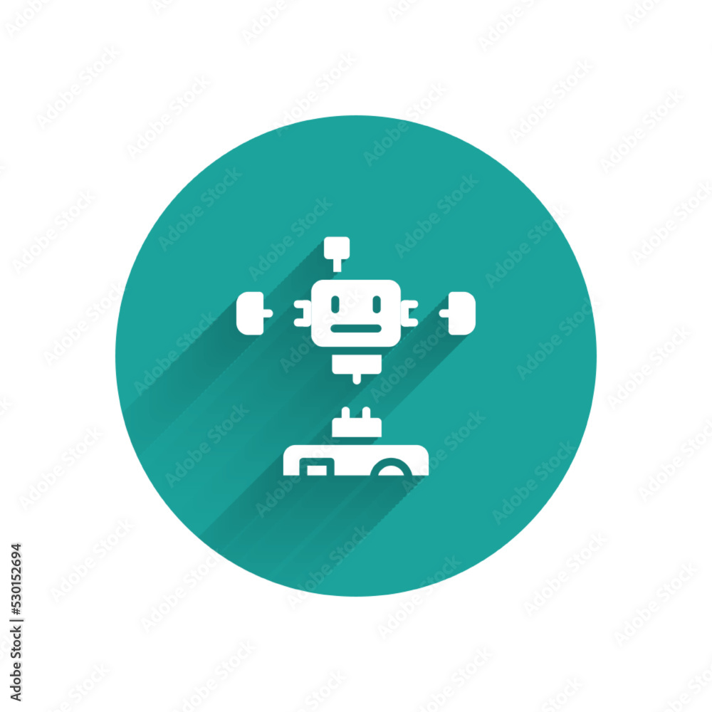 Sticker White Disassembled robot icon isolated with long shadow. Artificial intelligence, machine learning, cloud computing. Green circle button. Vector