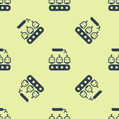 Blue Robotic arm assemble line mechanic manufacturing factory robot operator production icon isolated seamless pattern on yellow background. Vector