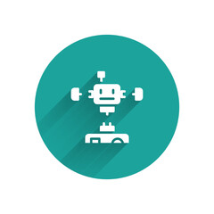 White Disassembled robot icon isolated with long shadow. Artificial intelligence, machine learning, cloud computing. Green circle button. Vector